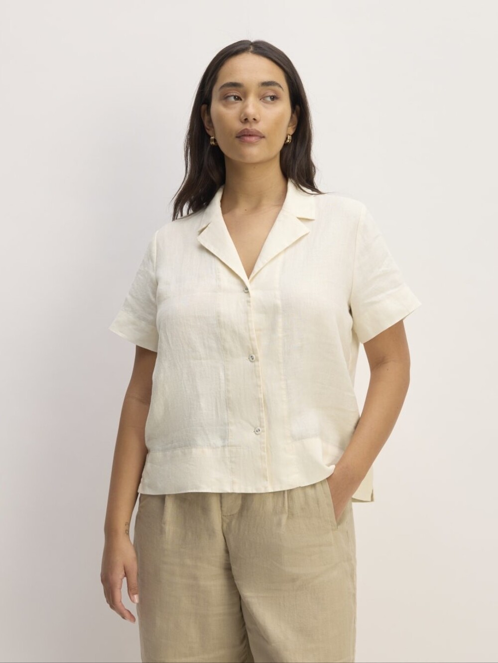 Everlane Shirt Womens Linen Off White Notch Button Up Short Sleeve Camp